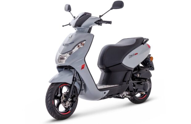 A grey Peugeot Kisbee scooter is displayed on a white background, 2K Desktop Wallpaper
