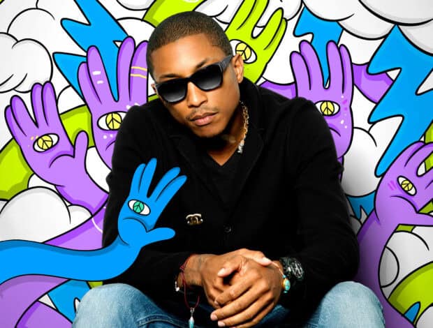 Pharrell Williams sits with sunglasses against a vibrant background with cartoon hands, HD Desktop Wallpaper