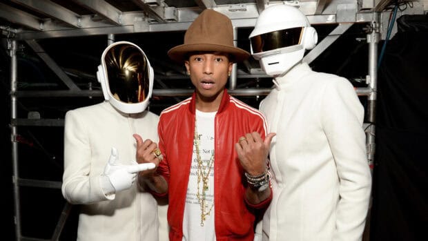 Pharrell Williams with Daft Punk members posing dramatically, HD Desktop Wallpaper