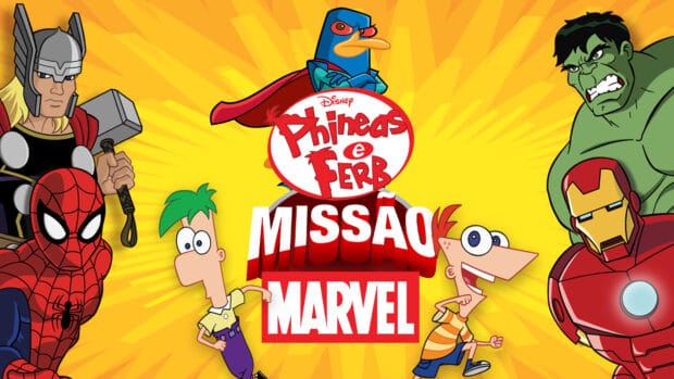 Phineas And Ferb Marvel wallpaper with iconic superheroes and cartoon characters, 4K Desktop Wallpaper