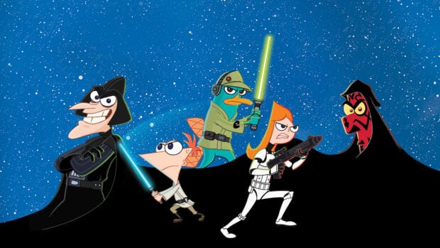 Phineas and Ferb characters are dressed as Star Wars heroes and villains in space, 4K Desktop Wallpaper