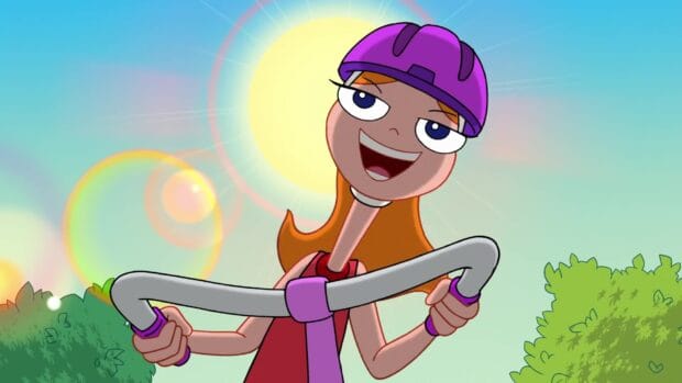 A cheerful character from Phineas And Ferb is riding a bike under a bright sun, HD Desktop Wallpaper