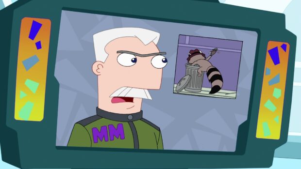 A character from Phineas And Ferb watches a raccoon trying to get out of a trash can, HD Desktop Wallpaper