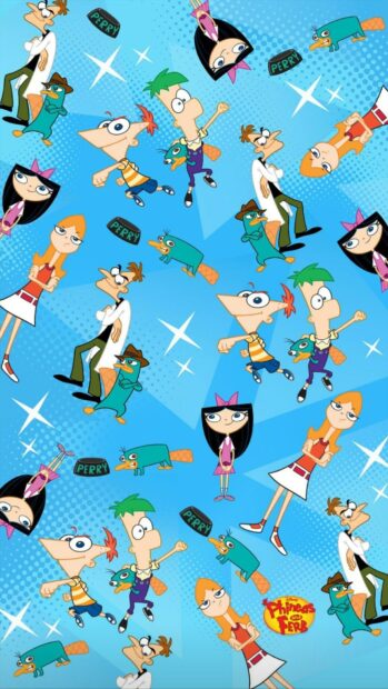 Phineas And Ferb wallpapers featuring main characters and Perry the Platypus in a blue themed design, HD Phone Wallpaper