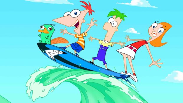 Phineas And Ferb wallpapers characters surfing on a wave in bright skies, HD Desktop Wallpaper