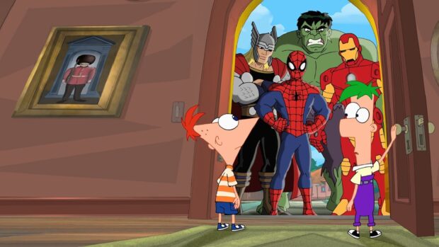 Phineas and Ferb meet iconic Marvel heroes at the door, HD Desktop Wallpaper