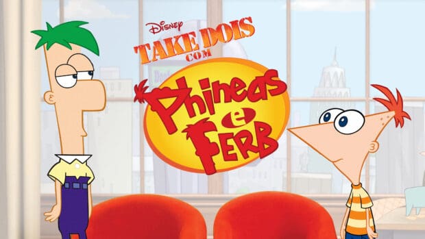 Phineas and Ferb cartoon characters standing in a room with city windows behind them, 4K Desktop Wallpaper