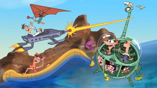 Phineas and Ferb are on an adventurous mission underwater with various characters, 4K Desktop Wallpaper