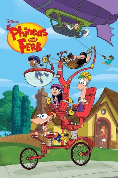 Phineas and Ferb enjoy a unique bike ride with friends and inventions in a sunny neighborhood, 2K Mobile Wallpaper