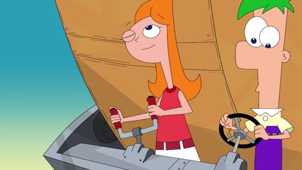 Phineas and Ferb are working together to operate a machine in this scene, 4K Desktop Wallpaper