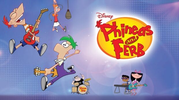 Phineas and Ferb cartoon characters playing instruments in a colorful scene, 4K Desktop Wallpaper