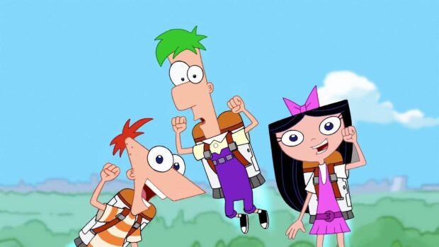 Phineas and Ferb characters celebrating outdoors on a sunny day, HD Desktop Wallpaper