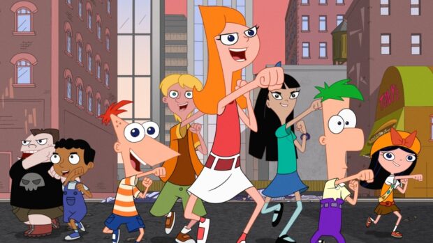 The Phineas and Ferb characters are posing with fists raised in a city street, HD Desktop Wallpaper