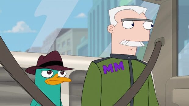 An image shows Phineas and Ferb characters sitting in a car with seat belts fastened, HD Desktop Wallpaper