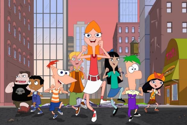 Phineas and Ferb characters pose together in a city scene, HD Desktop Wallpaper