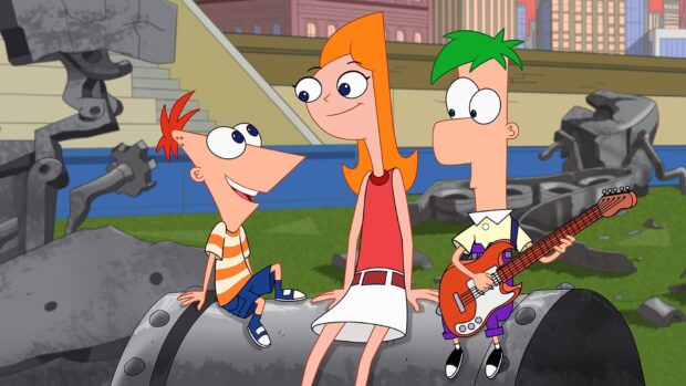 Phineas and Ferb characters relax in a park with a guitar and ruins, HD Desktop Wallpaper