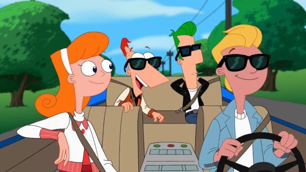 Phineas and Ferb characters ride in a car on a sunny day, HD Desktop Wallpaper