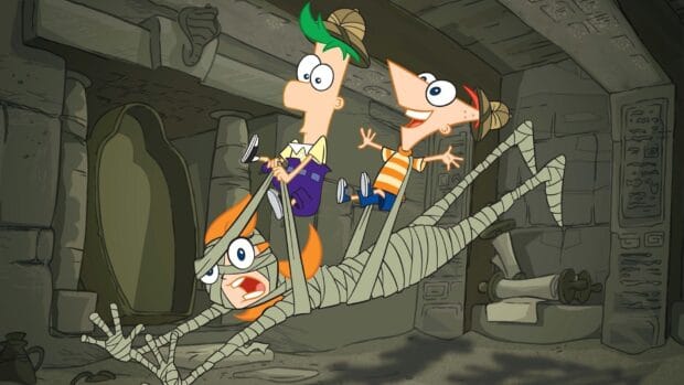 Phineas and Ferb are riding on a mummy in an ancient tomb adventure scene, HD Desktop Wallpaper