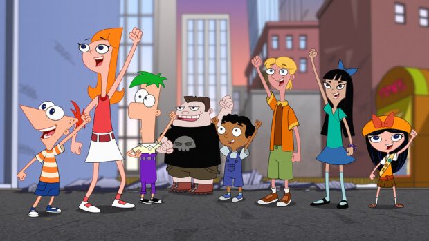 Phineas And Ferb Wallpapers featuring the main characters standing with raised fists, 4K Desktop Wallpaper