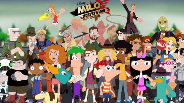 Phineas and Ferb characters stand together in a colorful animated scene, 4K Desktop Wallpaper