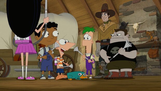 Phineas And Ferb Wallpapers show characters holding creative gadgets inside a wooden cabin, HD Desktop Wallpaper