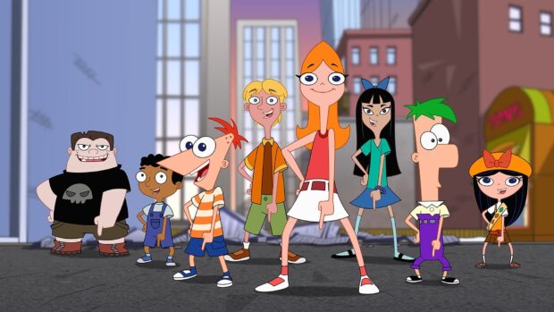 The main characters from Phineas And Ferb stand in a city street scene, HD Desktop Wallpaper