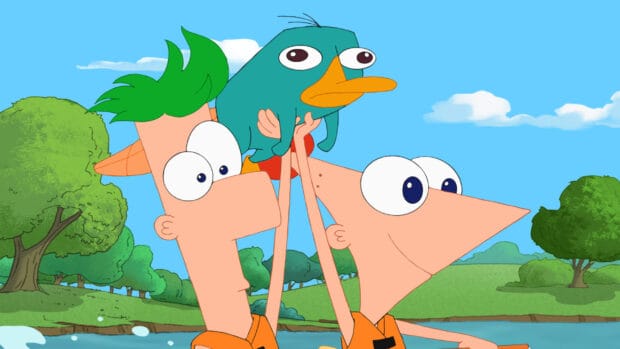 Phineas and Ferb are lifting Perry the Platypus near a river and trees, 2K Desktop Wallpaper