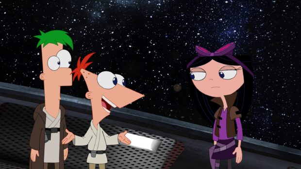 Phineas and Ferb characters dressed in space costumes under a starry sky, 2K Desktop Wallpaper