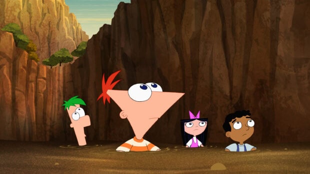 Phineas and Ferb characters are stuck in water surrounded by canyon walls, 2K Desktop Wallpaper