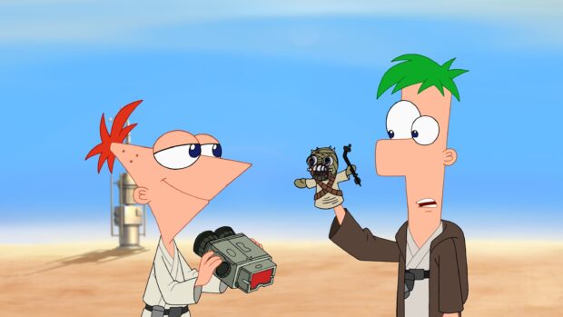 Phineas and Ferb characters dressed as Jedi in a desert scene holding a toy, 2K Desktop Wallpaper