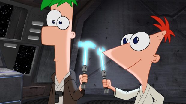 Phineas And Ferb Wallpapers characters hold glowing tools in a dark spaceship, HD Desktop Wallpaper