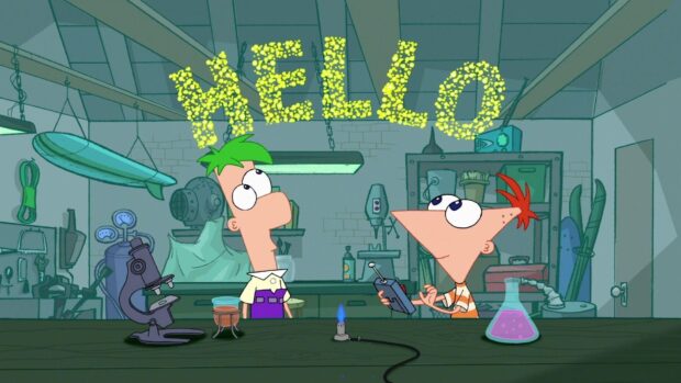 Phineas and Ferb are working on an experiment with a glowing  HELLO  sign above them, HD Desktop Wallpaper