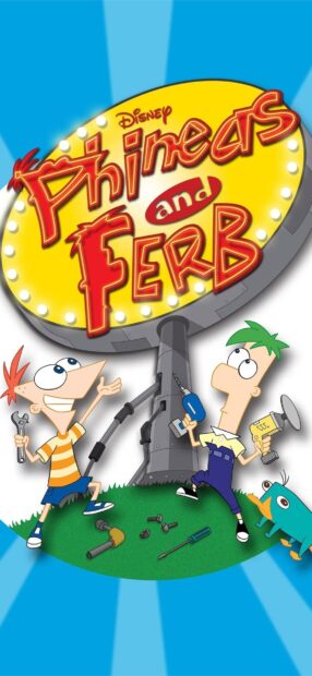 Phineas and Ferb characters are working on a large sign together, HD Phone Wallpaper