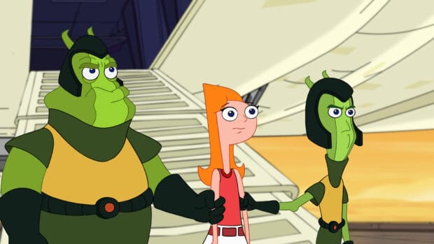 Phineas and Ferb wallpapers showing a girl with two green aliens in helmets, 4K Desktop Wallpaper