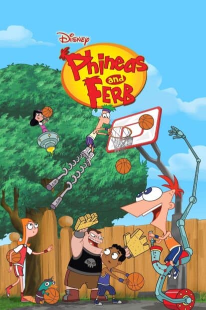 Phineas and Ferb are playing basketball with friends in the backyard, 2K Mobile Wallpaper