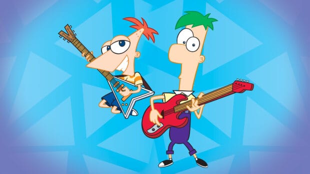 Phineas and Ferb are playing electric guitars in a colorful blue background, 4K Desktop Wallpaper
