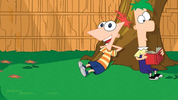 Phineas and Ferb relax by the tree with a book in the backyard, HD Desktop Wallpaper