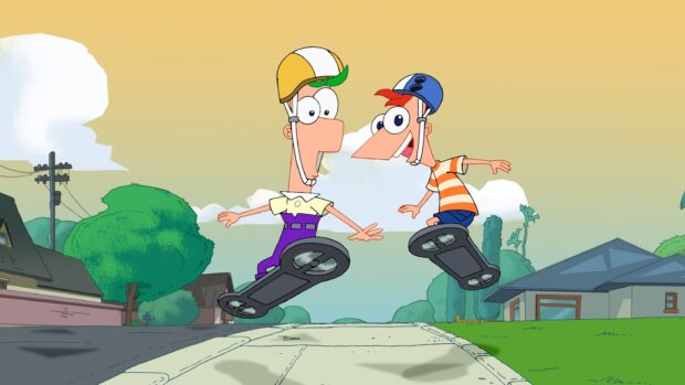 Phineas and Ferb skateboarding down the street with helmets on, 2K Desktop Wallpaper