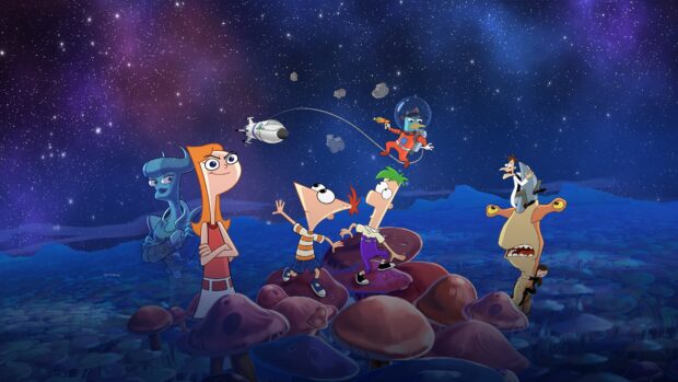 Phineas and Ferb wallpapers show characters exploring a mushroom field under a starry sky, 4K Desktop Wallpaper