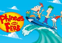Phineas and Ferb wallpapers show the characters surfing on a large wave, HD Desktop Wallpaper