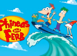 Phineas and Ferb wallpapers show the characters surfing on a large wave, HD Desktop Wallpaper