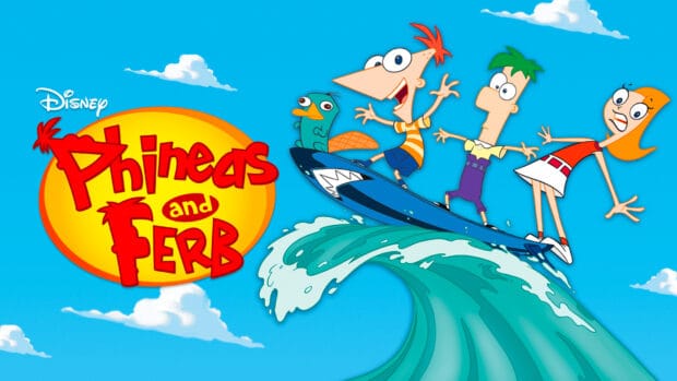 Phineas and Ferb wallpapers show the characters surfing on a large wave, HD Desktop Wallpaper