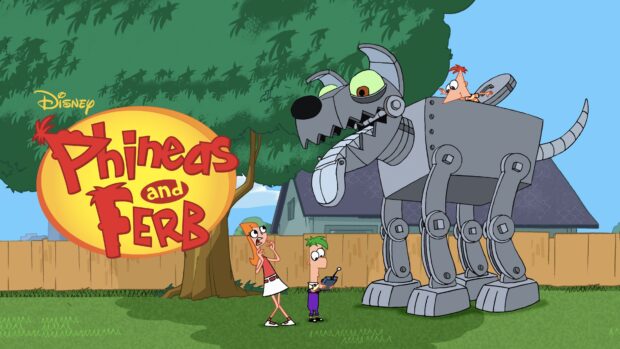 Phineas and Ferb control a robotic dog in the backyard, 4K Desktop Wallpaper