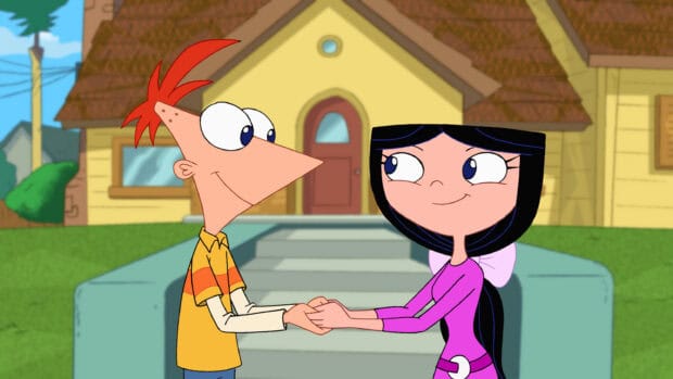 Phineas and Isabella happily holding hands outside the house in Phineas And Ferb wallpapers, 2K Desktop Wallpaper