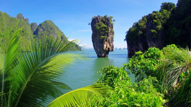 The limestone cliffs and tropical greenery are seen in this Phuket Wallpapers view, 4K Desktop Wallpaper