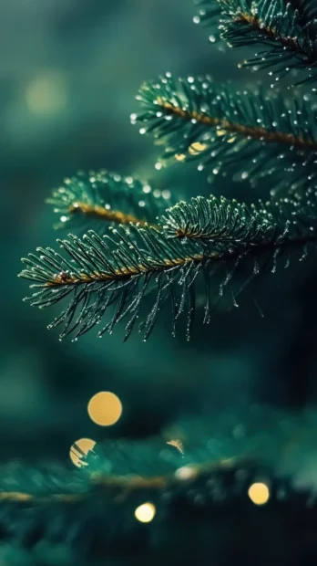 A close up of a pine tree branch with glowing lights in the background, iPhone Wallpaper