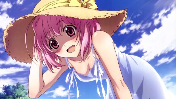 A pink haired girl from The World God Only Knows smiles wearing a straw hat under a bright blue sky, 4K Desktop Wallpaper