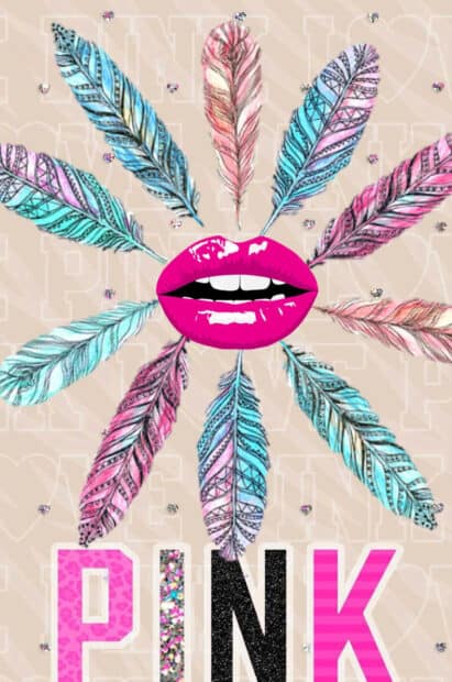 Pink lips surrounded by colorful feathers in a stylish pattern, HD Phone Wallpaper