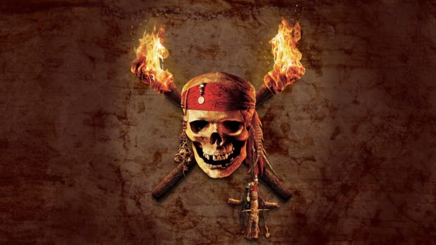 A skull with a red bandana and flaming torches crosses the background in Gore Verbinski wallpapers, 4K Desktop Wallpaper