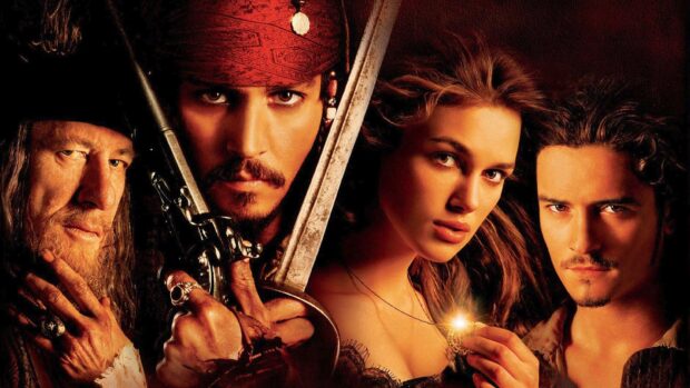 The main characters from Pirates of the Caribbean stand with intense expressions and props, HD Desktop Wallpaper